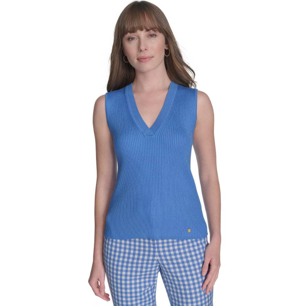 Tommy Hilfiger Womens Blue Ribbed Sweater V-neck Sleeveless Top Size S 17268